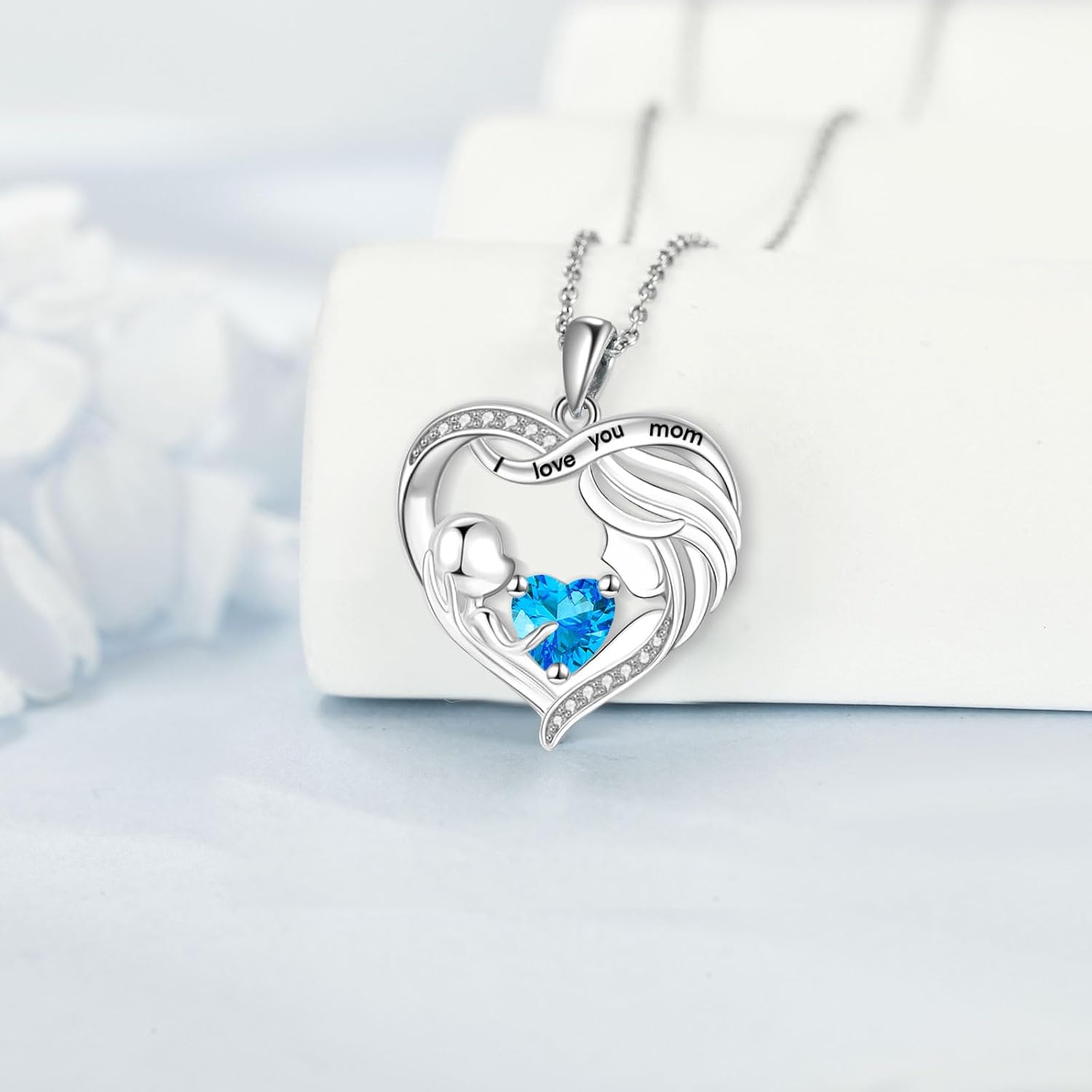 Gifts for Mom Mother and Daughter/Son Necklace Love Heart Jewelry 18K White Gold I Love You Mom Birthstone Necklace Birthday Gift for Women