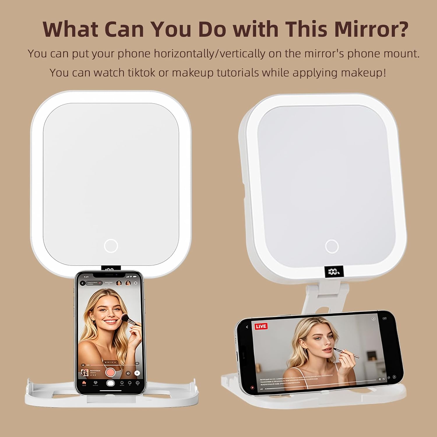 Travel Makeup Mirror with Lights,1X/10X Dual Sided Magnifying Mirror with 3 Colors Lights,2000mAh Rechargeable,Dimmable Touch Screen,Phone Stand, Foldable,Women Gift