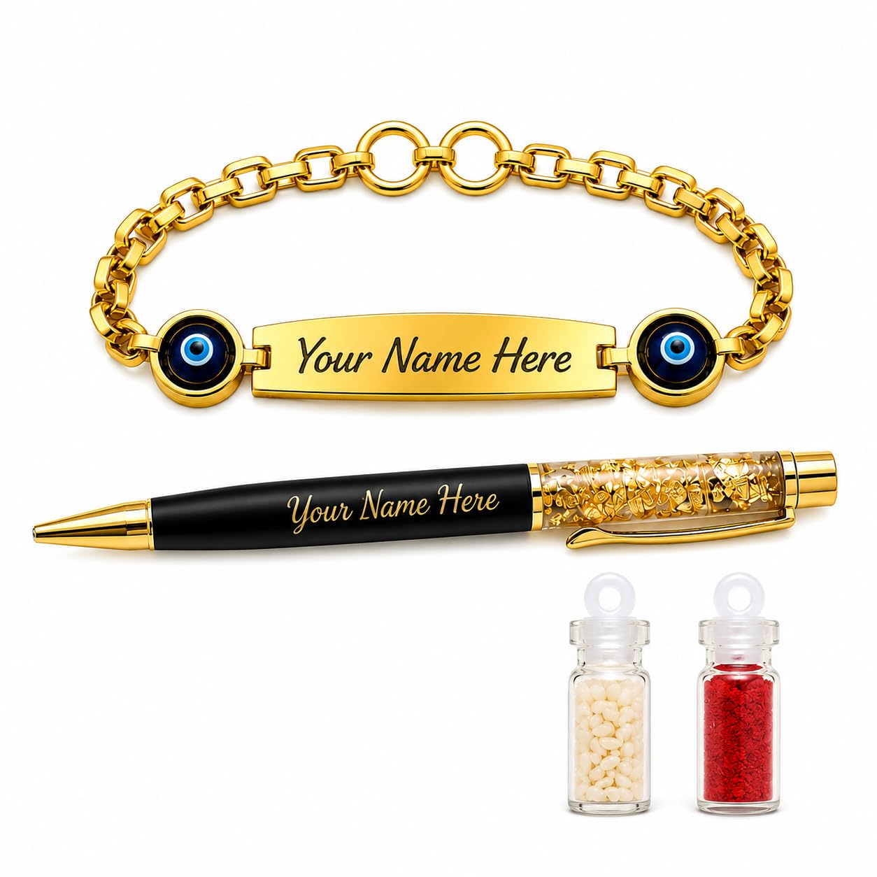 Evil Eye Rakhi with Customized Name Pen Gift Set | Engraved Name Rakhi for Brother | Premium Evil Eye Bracelet Rakhi | Raksha Bandhan Gift for Bhai, Bhaiya, Brother-image-31