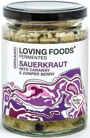 Loving Foods *Organic & Made in the UK* Caraway & Juniper Sauerkraut 475g Raw, Unpasteurised & Bursting with Beneficial Live Bacteria 1 x Jar