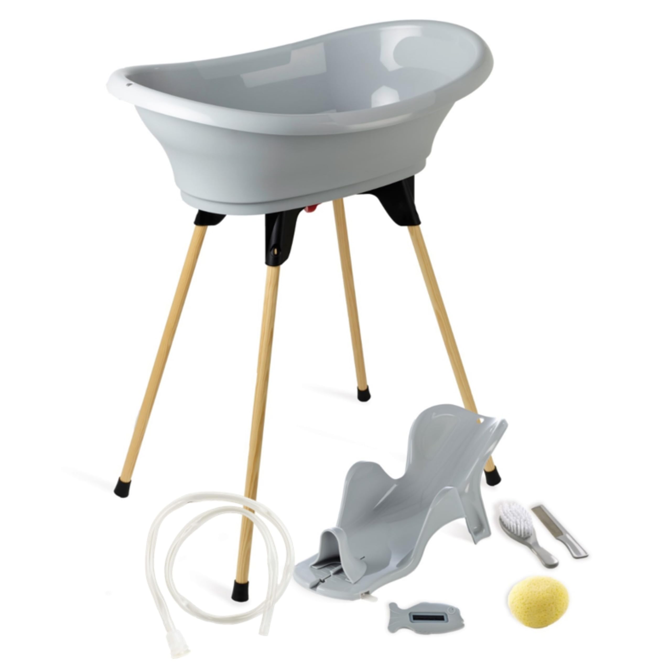 Thermobaby - Pack de bañera para bebé VASCO 7 En 1 - Bañera, pata de madera, Tubo de desagüe, hamaca de baño, Termómetro, Cepillo, Peine, Esponja - Plegable & Estable - Fabricado en Francia