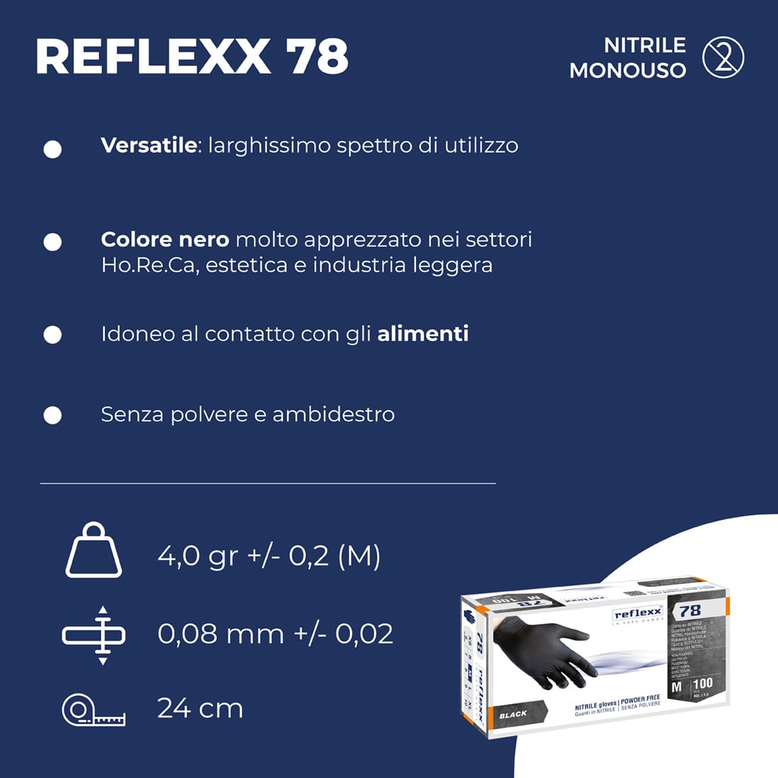 REFLEXX R78 / M Guanti senza nitrili in polvere, medio, nero, confezione da 100