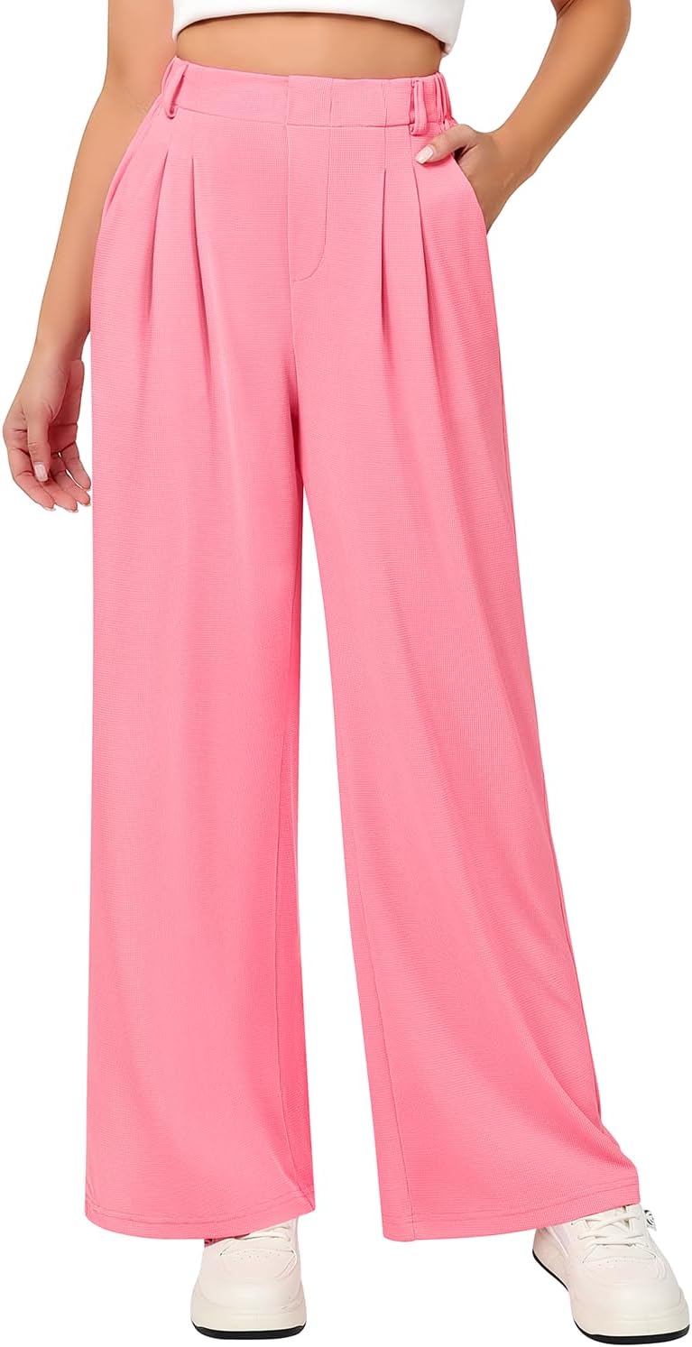 Women's Elastic Wide Leg Work Pants High Rise Stretchy Business Casual Slacks with Pockets & Waffle Knit