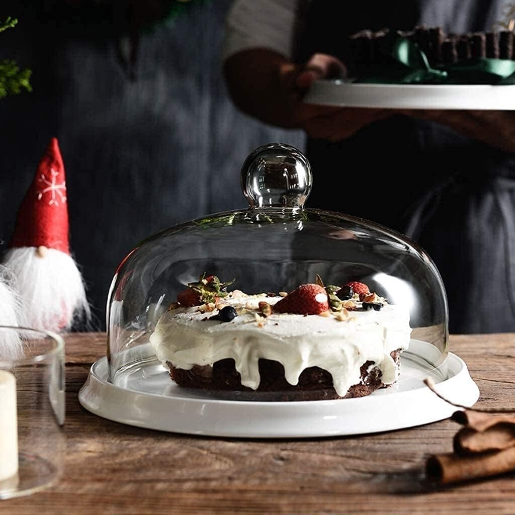 Ceramic Cake Pan Or Glass Dome Snack Bread Plate Fruit Salad Dome Food Preservation Cover Multifunction 6/8/10 Inch (Size : 26.5cm) (16cm) image 3