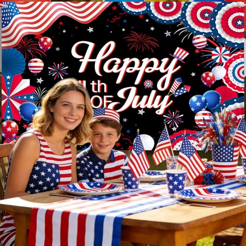 Image of AIBIIN Happy 4th of July Backdrop Fourth of July Banner 4th of July Decorations Patriotic Backdrop for Photography Independence Day Party Decorations Supplies 82.67 x 59.05 Inch