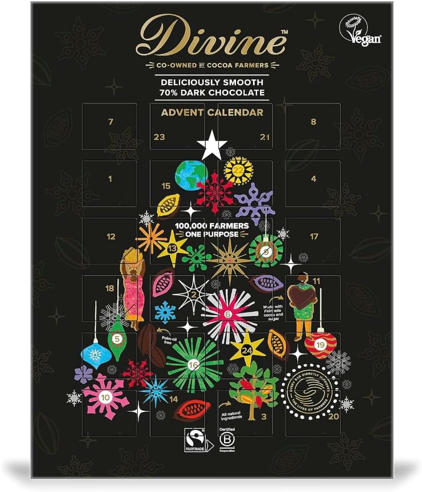 Divine 70% Dark Chocolate Vegan Advent Calendar - 85g, 8 Count (Pack of 1)