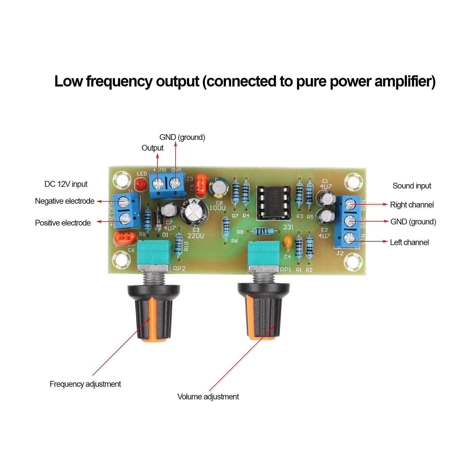 Annadue Placa de Preamplificador, Placa de Preamplificador de Subwoofer de Fuente de Alimentación única de 12 V, Módulo de Preamplificador de Audio Estéreo, Placa de Filtro de Paso bajo HiFi.