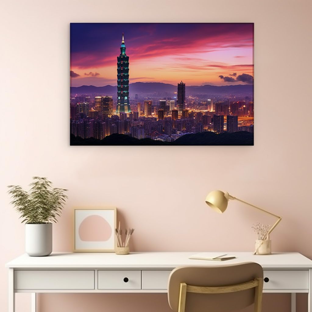 Canvas for Living room. Dusk Over Taipei: A Tranquil Panorama with the Majestic Taipei 101, 27 x 18 inch Canvas Wall Art - Ready to Hang