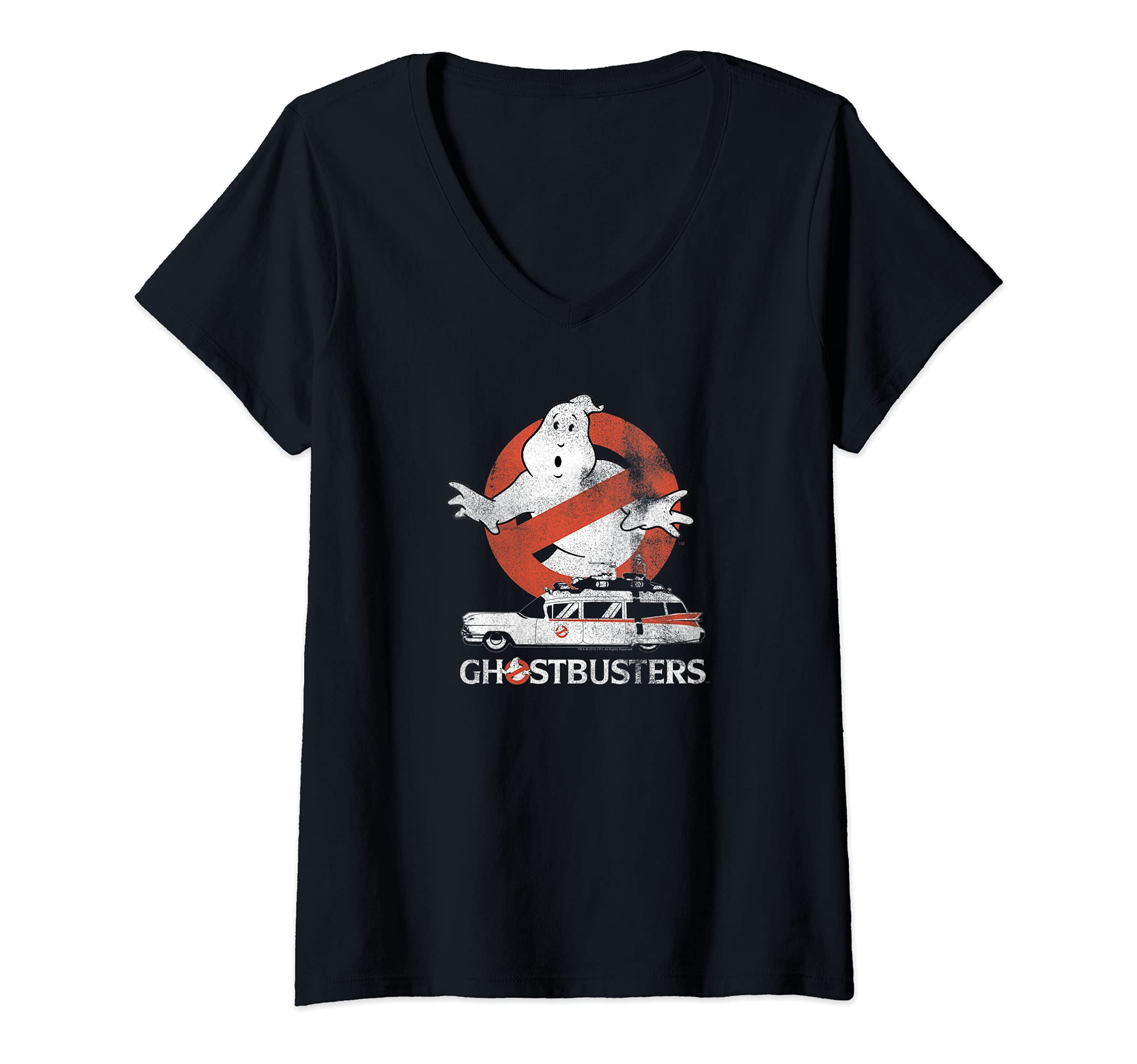 Womens Ghostbusters No Ghost with Ectomobile Retro Movie V-Neck T-Shirt