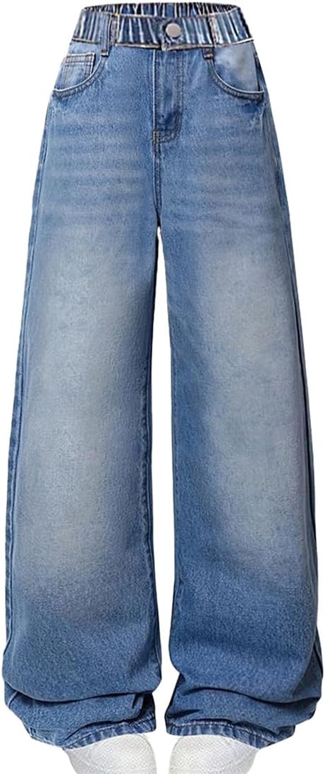 Tween Girls Baggy Jeans Wide Straight Leg Elastic High Waisted Baggy Boyfriend Denim Pants