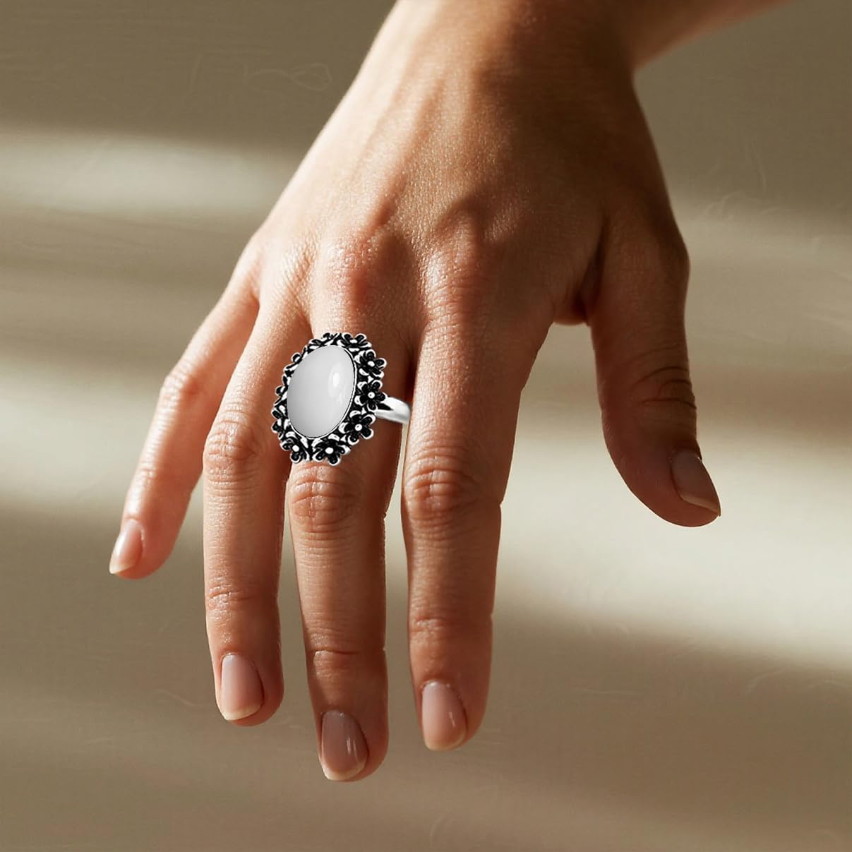 Sterling Silver Natural Stone Flower Ring,Retro Antique Vintage Oval Genuine Crystal Quartz Gemstone Floral Boho Bohemian Statement Ring for Women