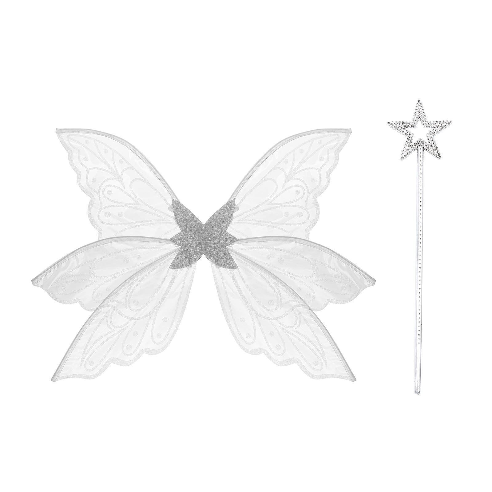 ESSECMBS 2PCS Light Up Butterfly Wings & Magic Wand Set for Women LED Lighted Fairy Wings Stick for Halloween Cosplay (White
