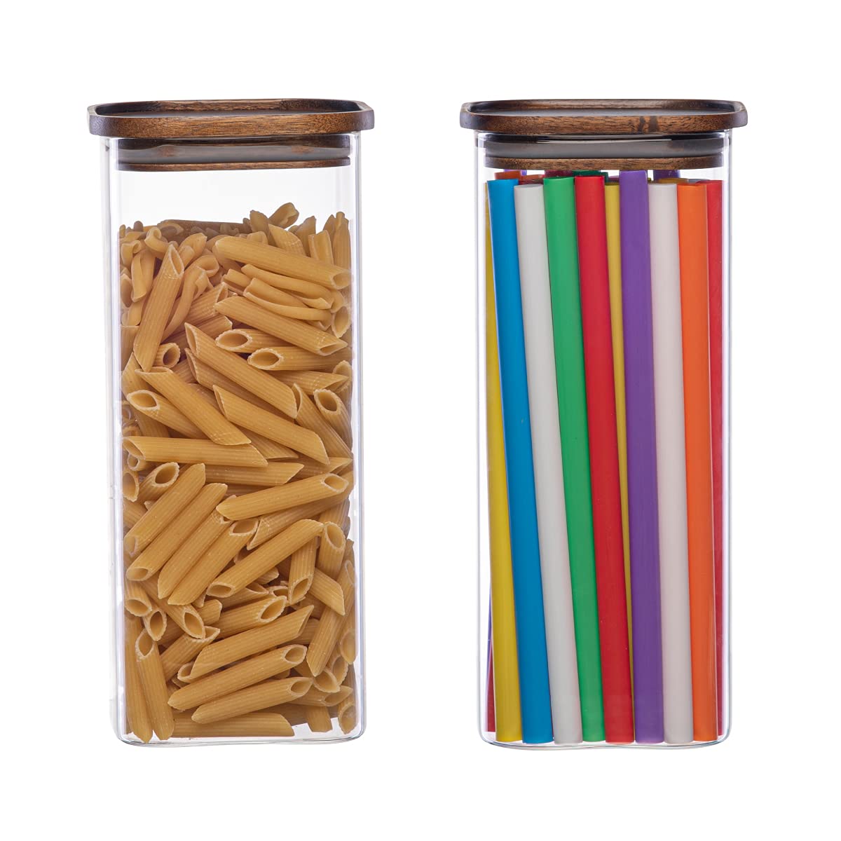 Square Glass Jars with Wood Lids Set of (2) 64 fl oz Airtight and Stackable Storage Containers for Kitchen Pantry or Bathroom BPA Free and Recyclable Canister for Food Cookies Coffee Pasta Sugar