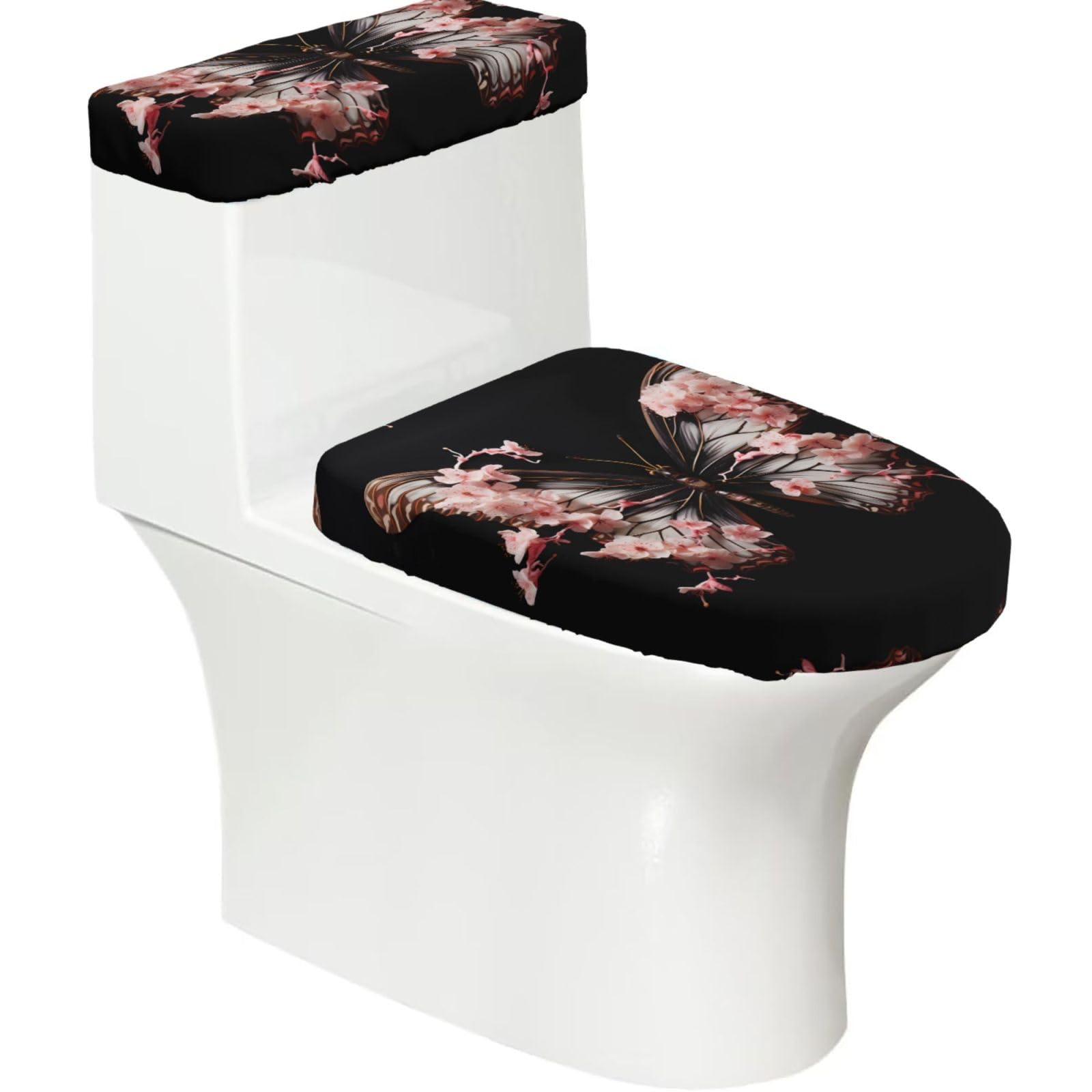 Mrowyc Black Petal Bloom Butterfly Printed Toilet Seat Set - Set Of 2 - Universal Toilet Seat Cover - Housewarming Birthday Christmas Gift