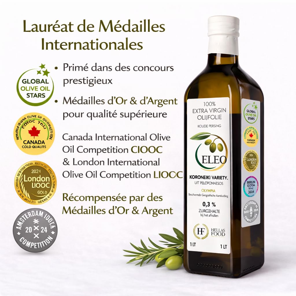 ELEO Olympia - Huile d’Olive 1L Bouteille Extra Viege - Pressée à Froid - 100% Olives Grecques Koroneiki - Qualité Supérieure - Riche en Antioxydants - Lauréat de Médailles Internationales