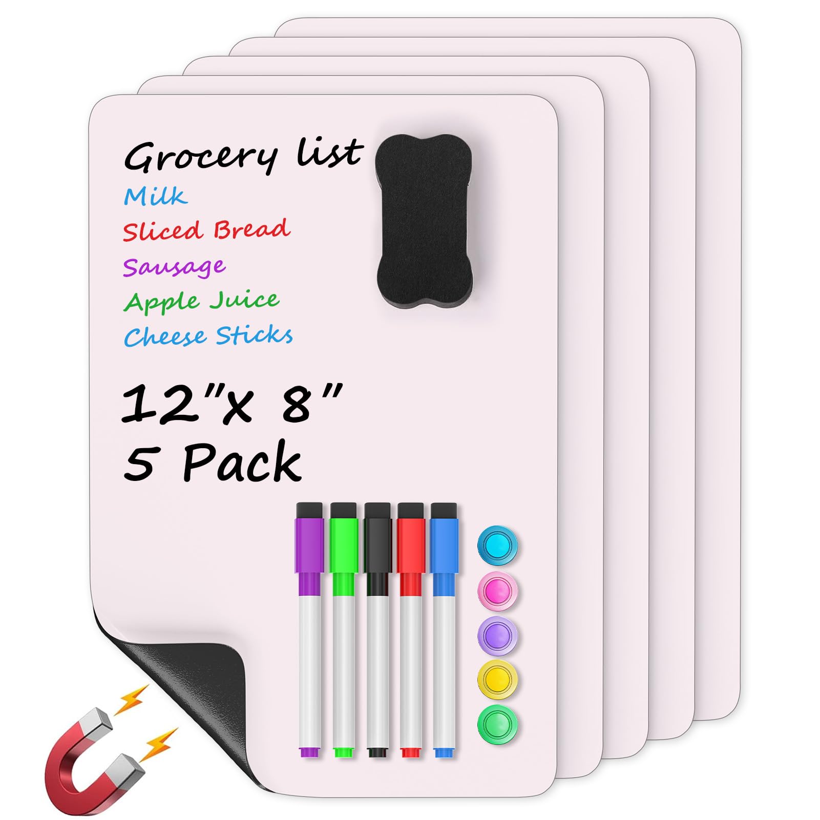 MaxGear 5 Pack Pink Magnetic Whiteboard for Fridge, 12 x 8 Inch Dry Erase Board for Refrigerator, Reusable Kitchen Planner, Magnetic Writing Board for