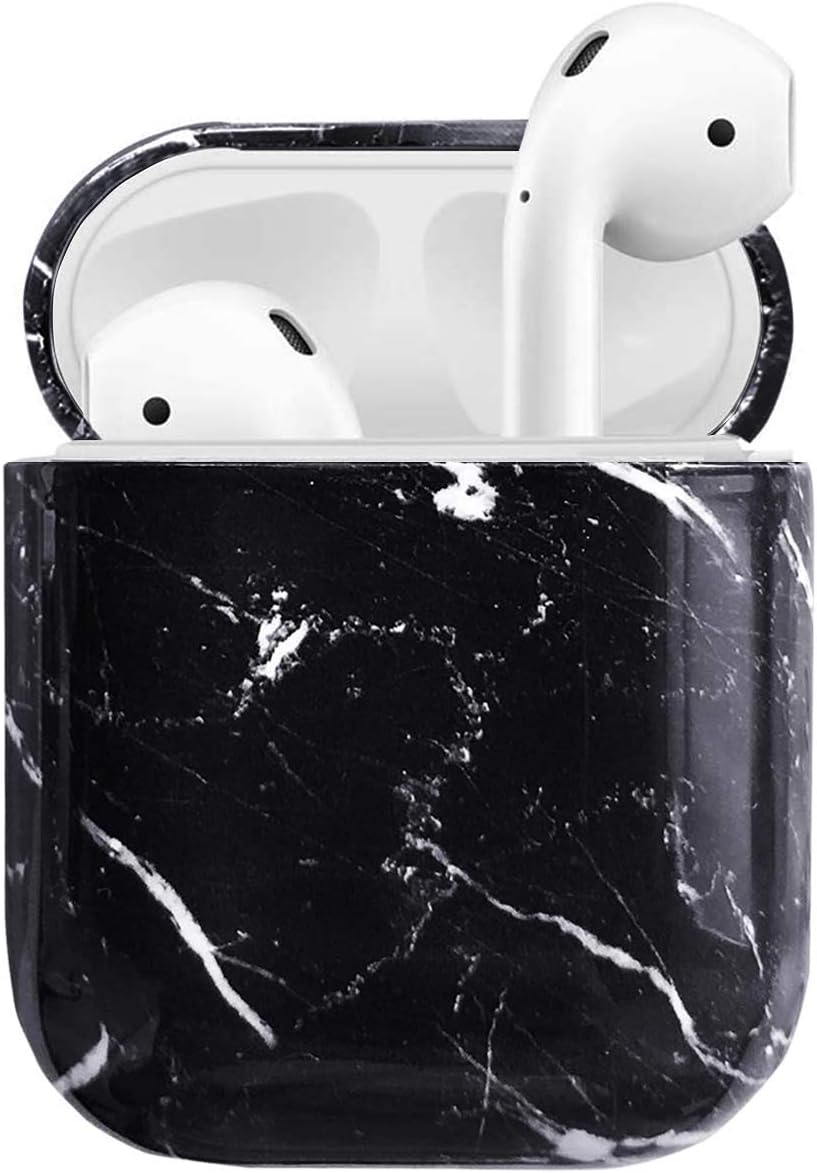 J.west Airpods Case Cover, Unique Marble Pattern Print Design Shockproof Hard Protective Case Accessories Women Girls Men for Apple Airpods 1/2 Generation Wireless Charging Case (Black)