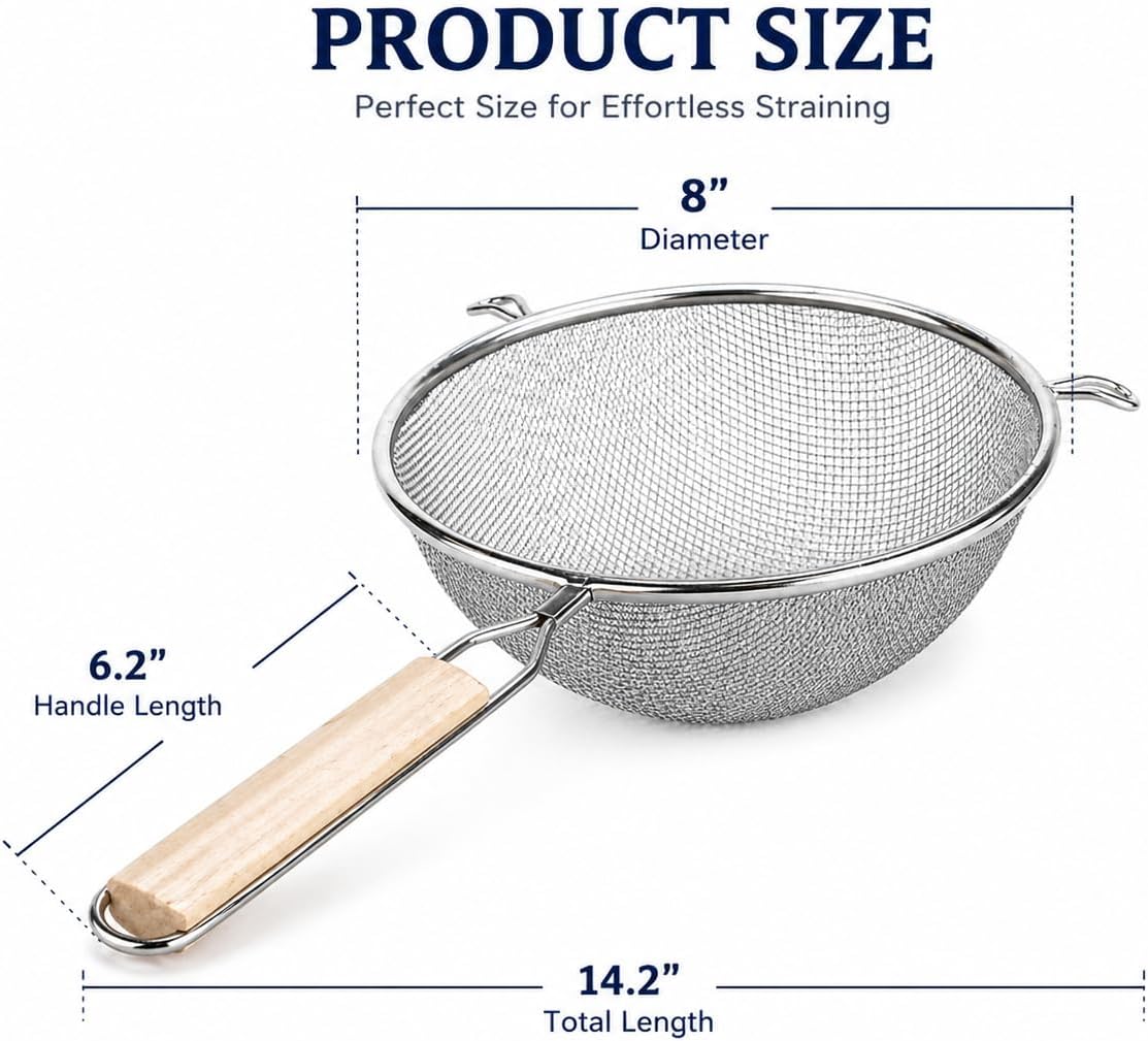 Huji Stainless Steel Fine 8" Double Mesh Food Strainer Colander Sieve Sifter with Wooden Handle for Kitchen Rice Pasta Noodles (2 Pack)
