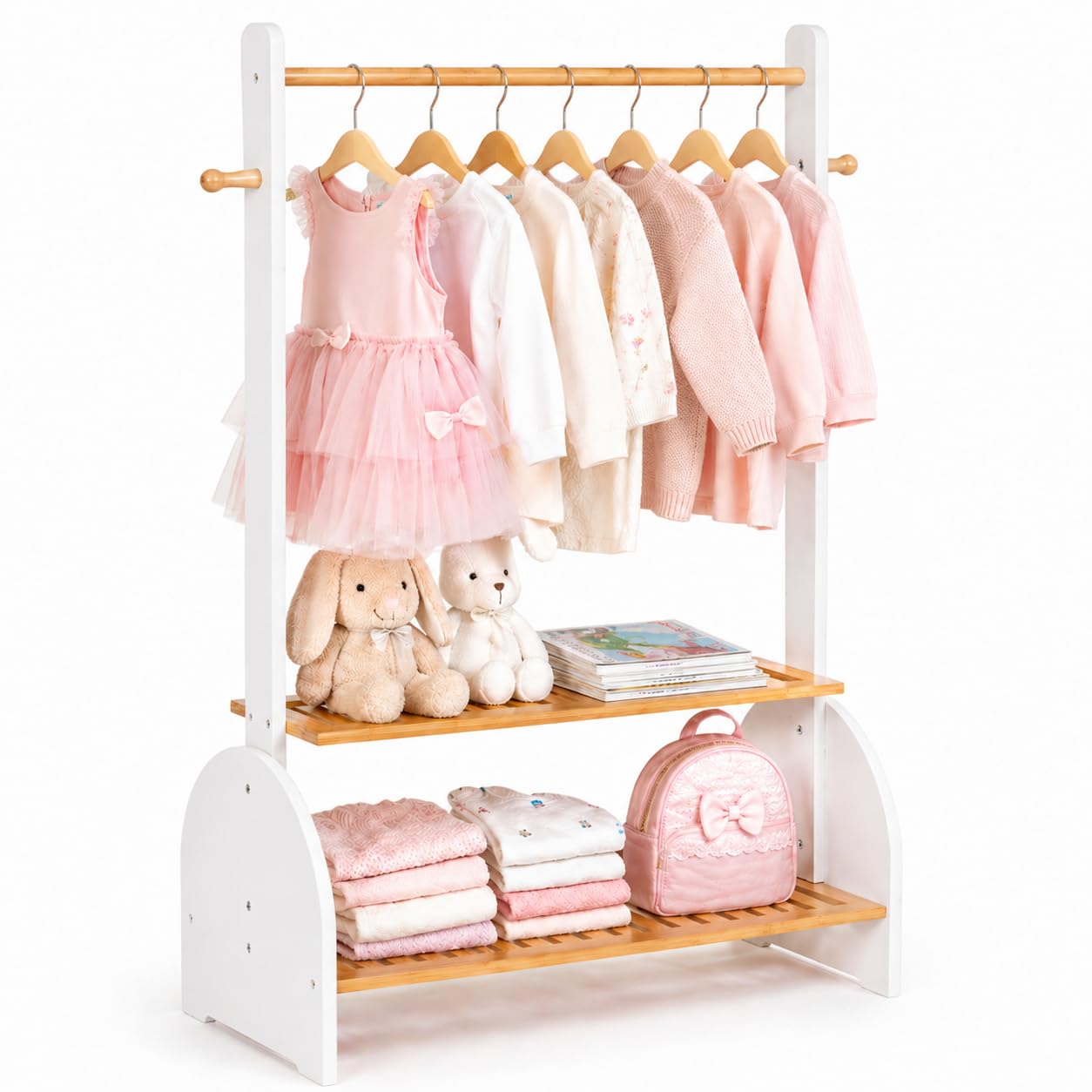 BAMBOOHOMIE Kids Clothing Rack with Adjustable Rods, Children Clothes Garment Rack for Kids Baby Pet, Kids Dress Up Rack with 2 bottom shelves, Kids Wardrobe Closet for Toddlers Nursery (White)