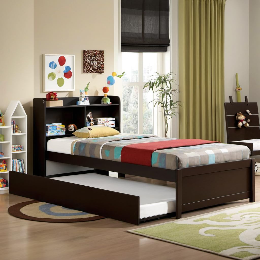 Twin Platform Bed with Trundle and Bookcase for Girls,Boys,Wooden Bed Frames with Headboard,Noise-Free,No Box Spring Needed,Espresso