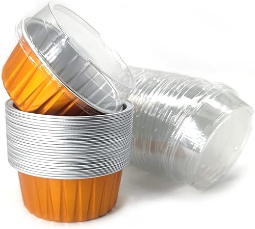 Mombake Moldes de papel de aluminio para hornear Ramekin, bandeja para tarta de queso de 5 onzas, tazas de lata de crema brulee con tapas planas (24