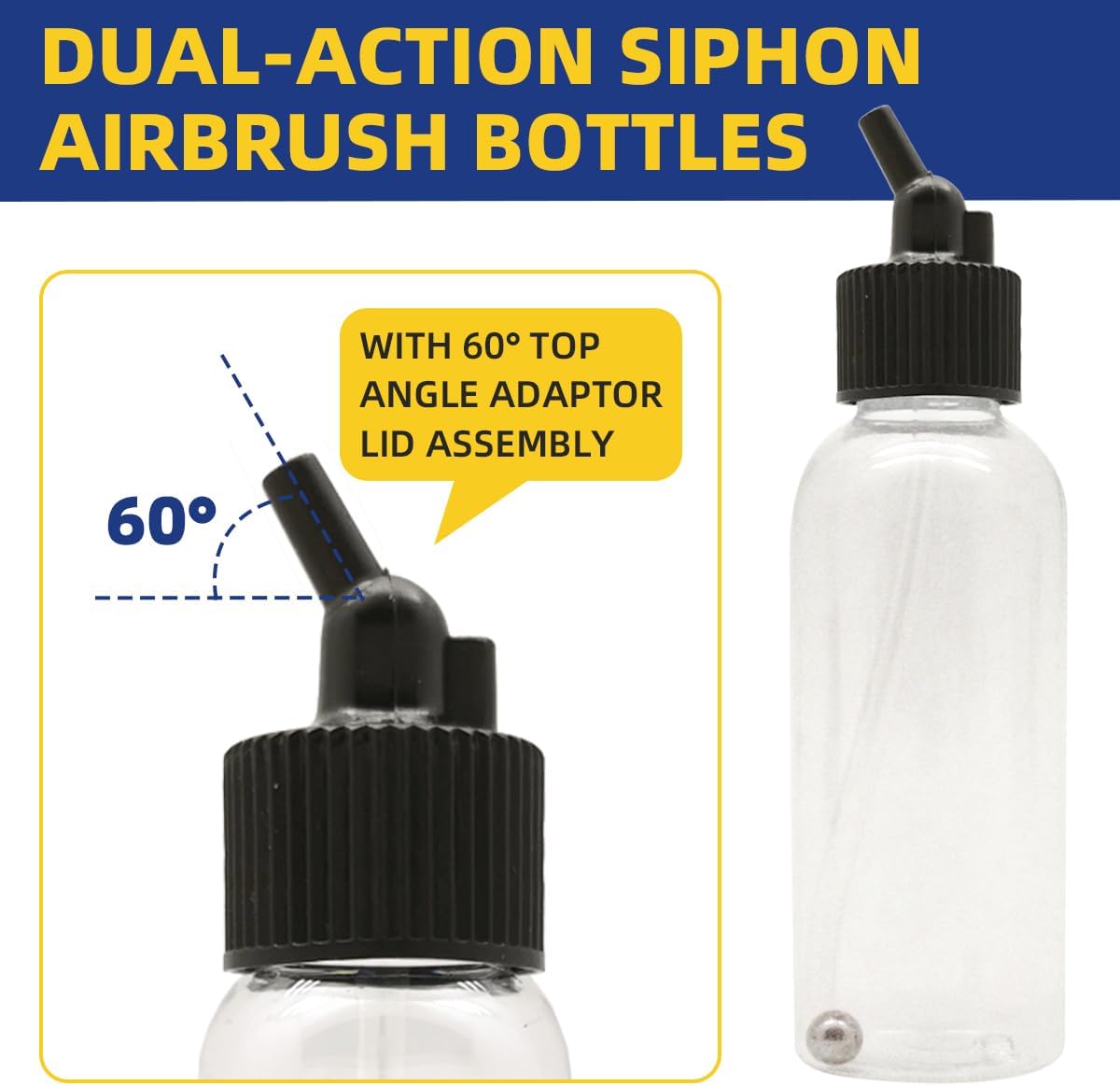 OPHIR 10PCS of 2.14OZ/Bottle Dual-Action Airbrush Siphon Feed Bottle Jars Lid Adapter, Airbrush Paint Bottles with 10x Rubber Caps, Works with Dual Action, Paasche, Iwata, Badger Airbrushes