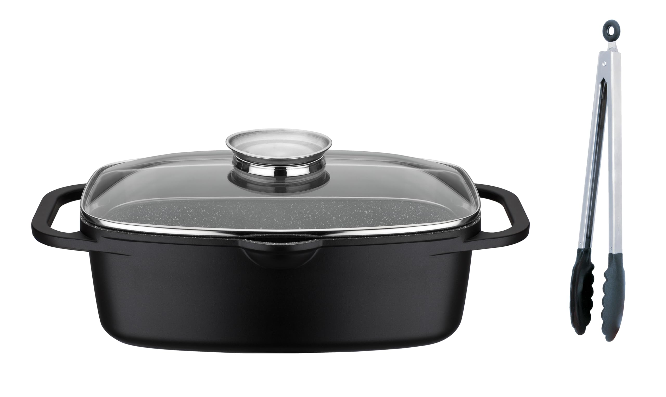 GSW Universalbräter Gourmet Granit inkl. Servierzange – hochwertiger Bräter mit Deckel, ideal zum Schmoren, Grillen und Braten, auch für Induktion und Backofen – Schwarz, Aluguss, 6 Liter