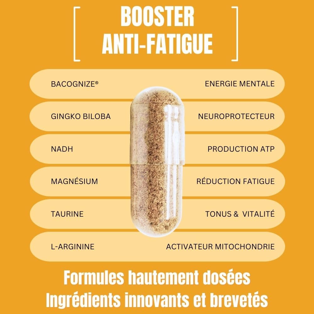 Booster Anti Fatigue Homme EVOM - Énergie Physique et Tonus Mental - Magnésium (26% VNR), Bacopa BACOGNIZE®, Ginkgo, NADH, acides aminés – Cure 20 jours – Complément Alimentaire Pour Homme