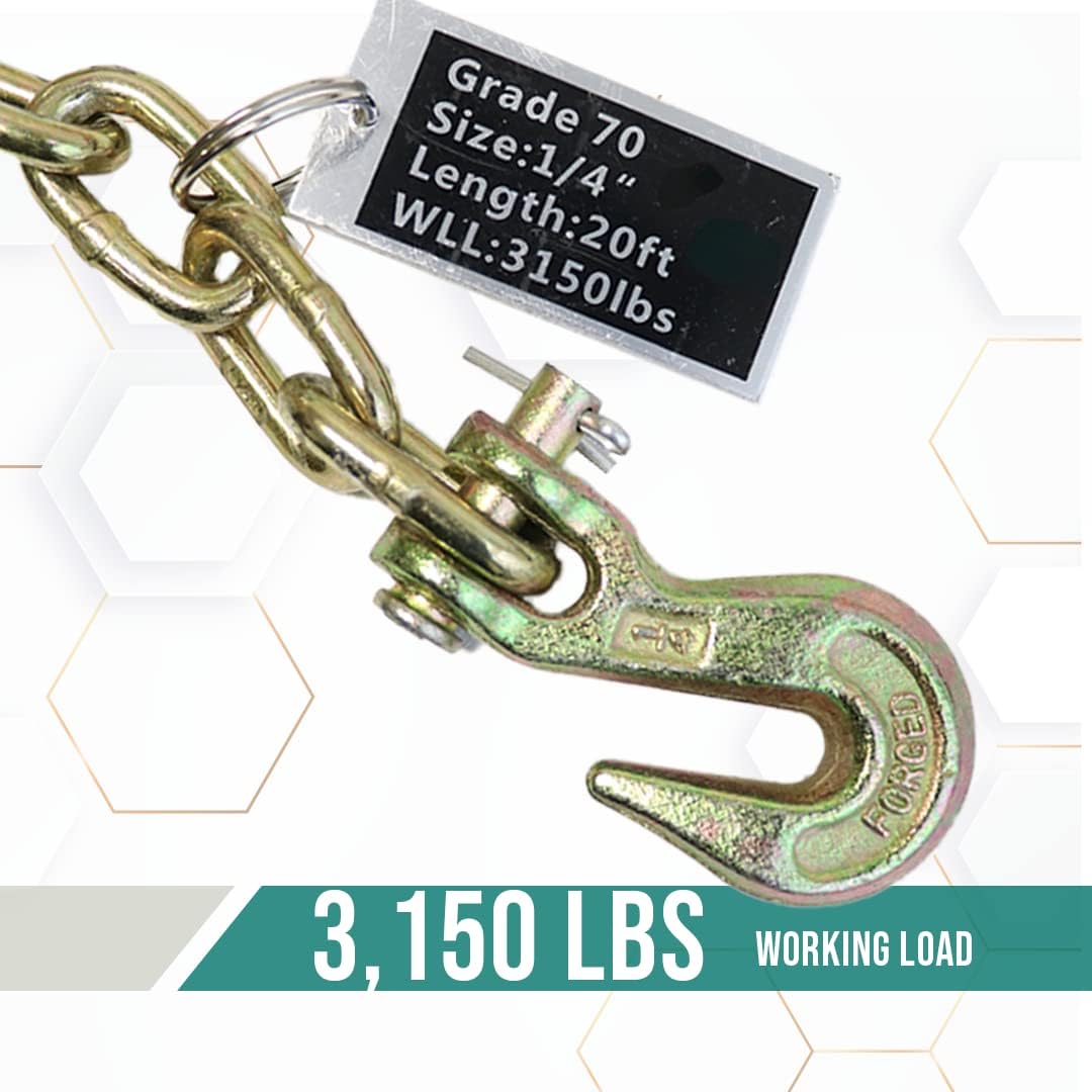 Boxer Heavy Duty Transport Chain with Clevis Hooks, ¼” x 20ft Grade 70 12,600lbs Breaking Strength - Tie Down for Trucks, Trailers, Tractors