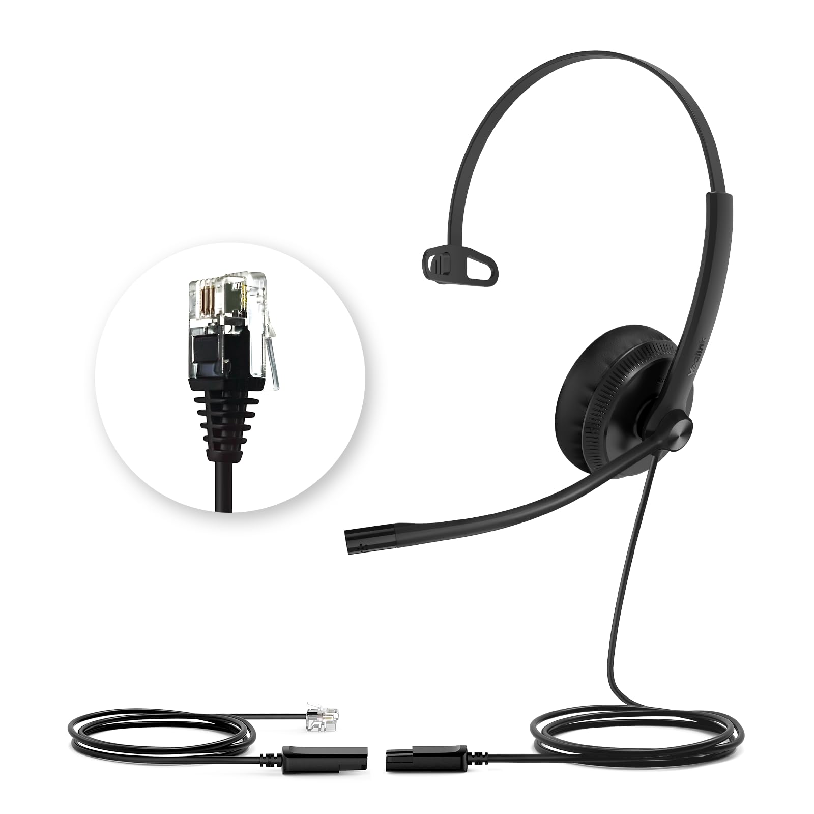 Yealink YHS34 Auriculares telefónicos con Cables de conexión RJ9 y QD. Compatibles con teléfonos Poly, Avaya, Snom y Grandstream. Auriculares monoaurales con micrófono para teléfonos de Oficina