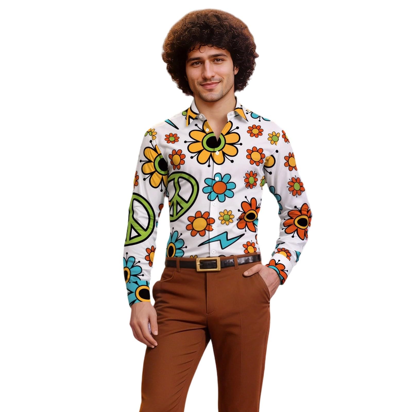 Hawaiian Shirts for Men, 60s 70s 80s Fancy Dress Men, Hawaiian Shirts for Men Retro Casual Button Down Shirt Shirts Printed Long Sleeve Disco Holiday White S