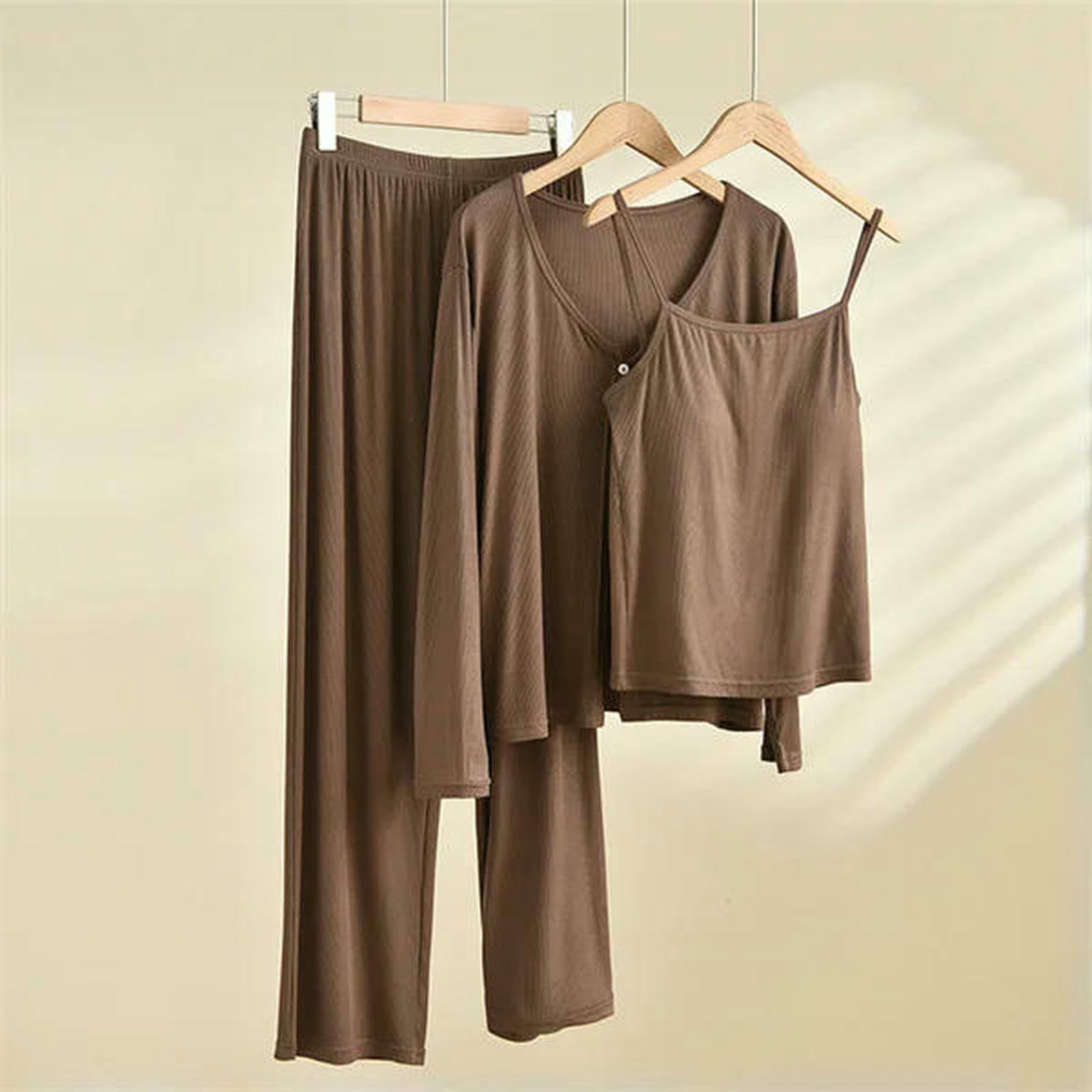 Pigiama da Donna Pantaloni Set Manica Lunga Modale Indumenti Notte Abito A Tre Pezzi Primavera Autunno Abbigliamento Casa Pijama Feminino-caffè-l