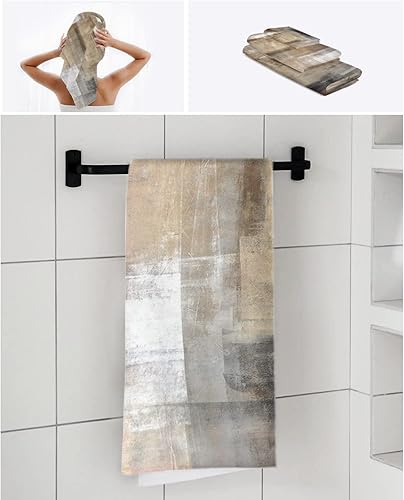 Miniatura 7 de Oil Modern Paintings - Juego de 3 toallas de baño abstractas, diseño geométrico, gris y marrón, rústicas, suaves, de microfibra, toalla de baño,