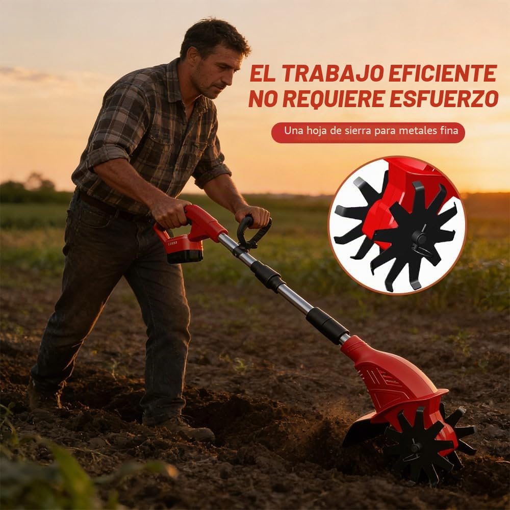 Motoazada Eléctrica Sin Cable, Motocultor Eléctrico con 2 Baterías de 3000 mAh, Ancho de Trabajo 25 cm, Profundidad de Labranza 15 cm, Velocidad 360 RPM, para Césped, Huerto y Jardín