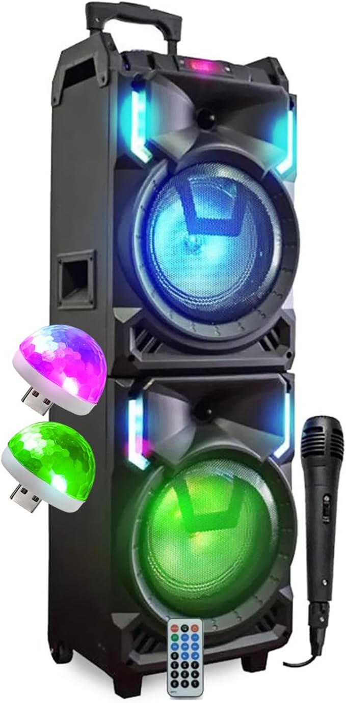 Mega Enceinte 800W Sono DJ Autonome XXL USB Bluetooth, Effets LED, Microphone Karaoke DJ, avec Trolley, 2 Boules Lumière Disco