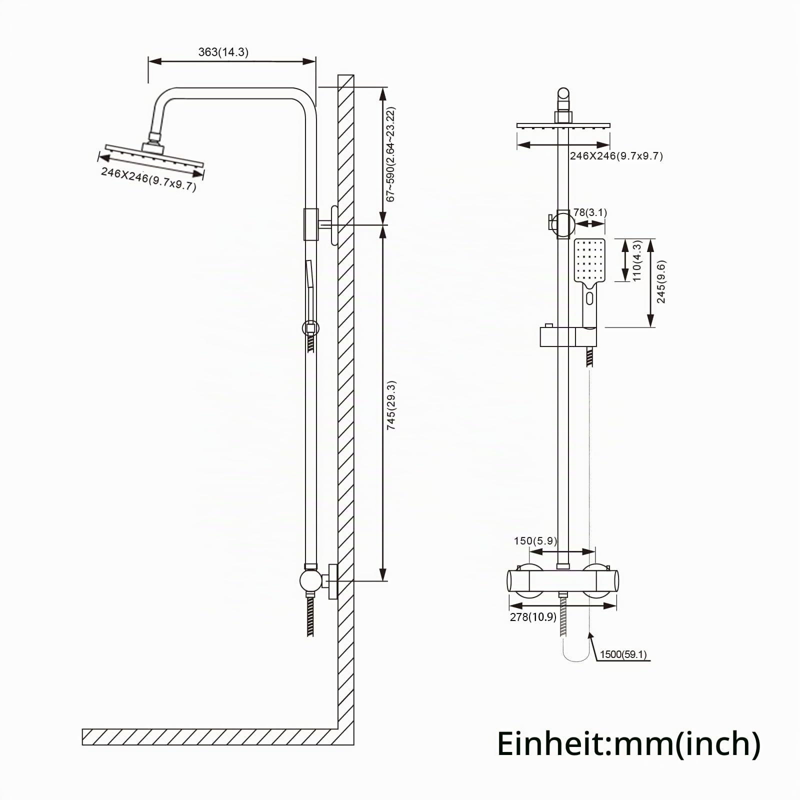 BONADE Duschsystem mit Thermostat Regendusche Duschkopf aus 304 Edelstahl, Duscharmatur Komplettset inkl. Duschthermostat, Verstellbare Wandhalterung 10 Zoll Regenbrause, Badewannenarmaturen set