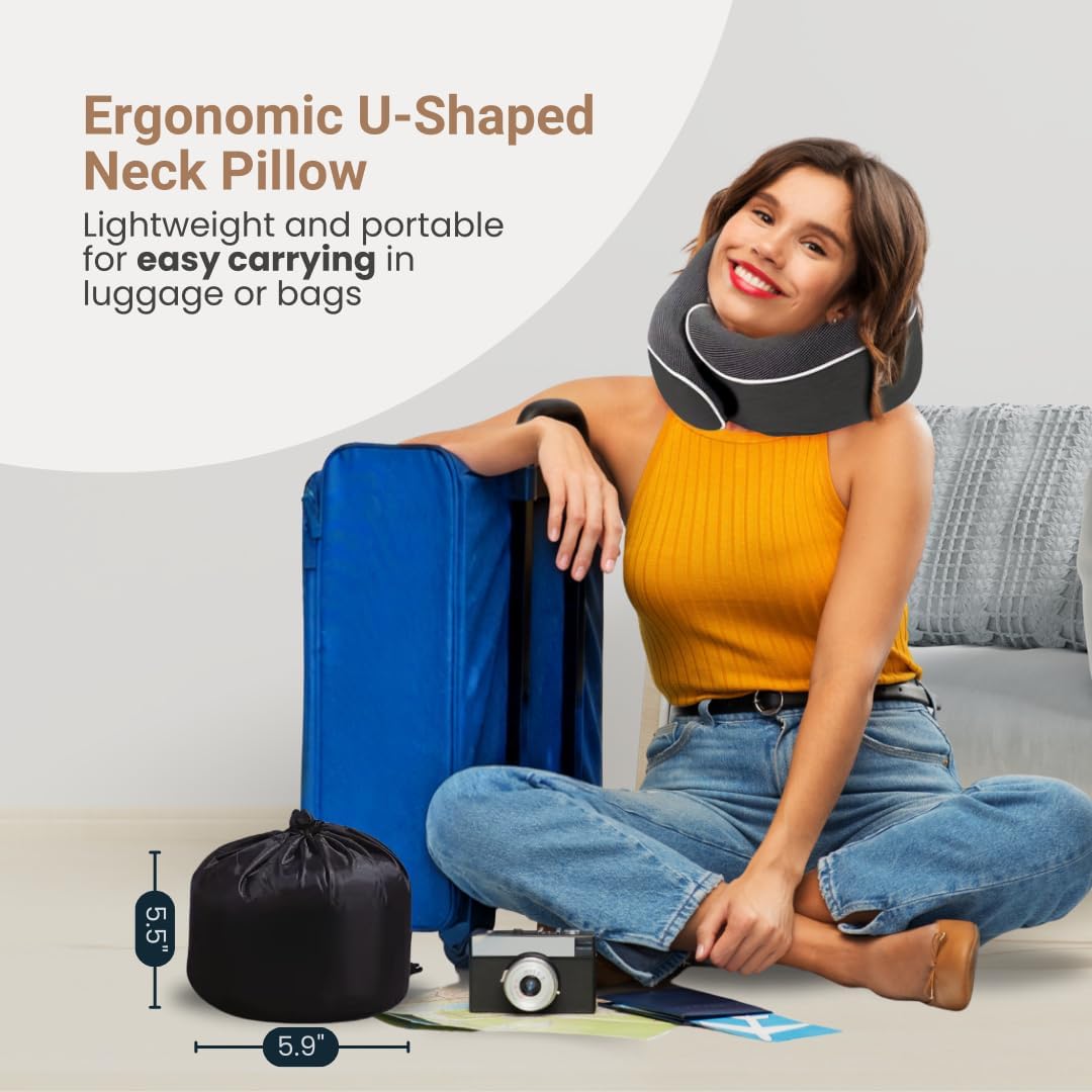 Generic Neck Pillow for Travel – Provides Ultimate Support for Head, Neck, and Chin on Airplanes, Cars, and at Home, Comfortable Memory Foam Airplane Pillow, Dark Gray, Gray/Black