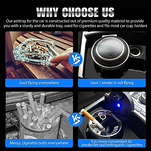Car Ashtray 2Pcs , Portable Car Ashtray With Lid Smell Proof, Odorless Ash Tray Sets For Weed, Smokeless Ashtray For Cigarettes, Easy Clean Up Detachable Stainless Car Tray With Lid Blue Led Light For Most Car Cup Holder (Black) #TOP4