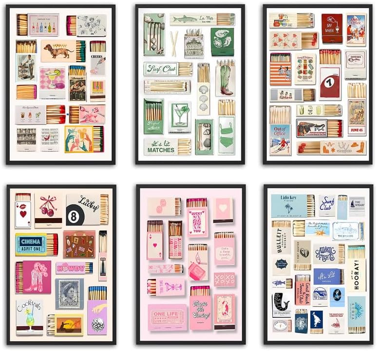 GALWUJG Funky Matchbox - Juego de 6 arte de pared preppy femenino, decoración de habitación de moda, impresiones en lienzo vintage colorido póster