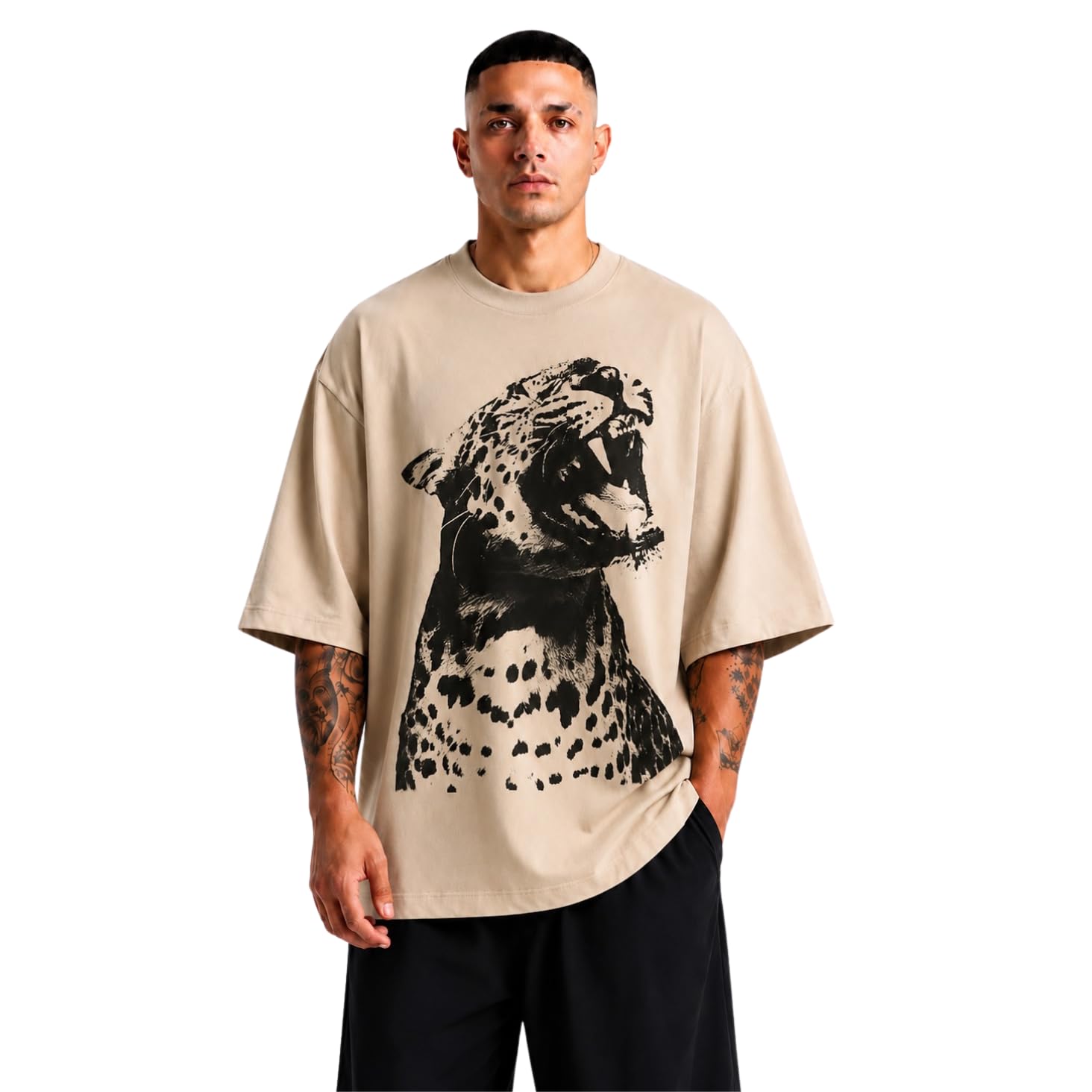 Unisex Beige T-Shirt Leopard Graphic Print XS-7XL-image-0