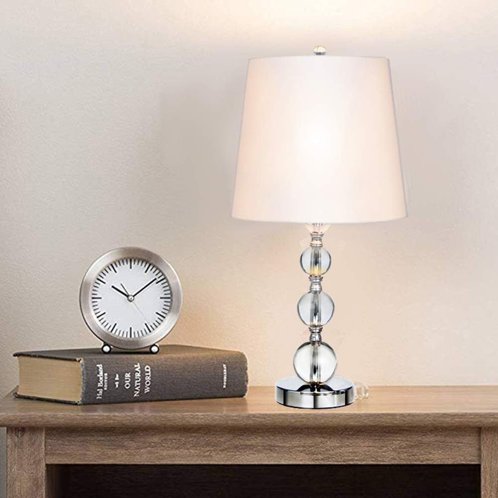 Wtape home Modern Chrome Bedside Crystal Table Lamp,with Stacked Ball Crystal Body White Fabric Shade for Bedroom for Living Room Coffee Room Crystal Lamp