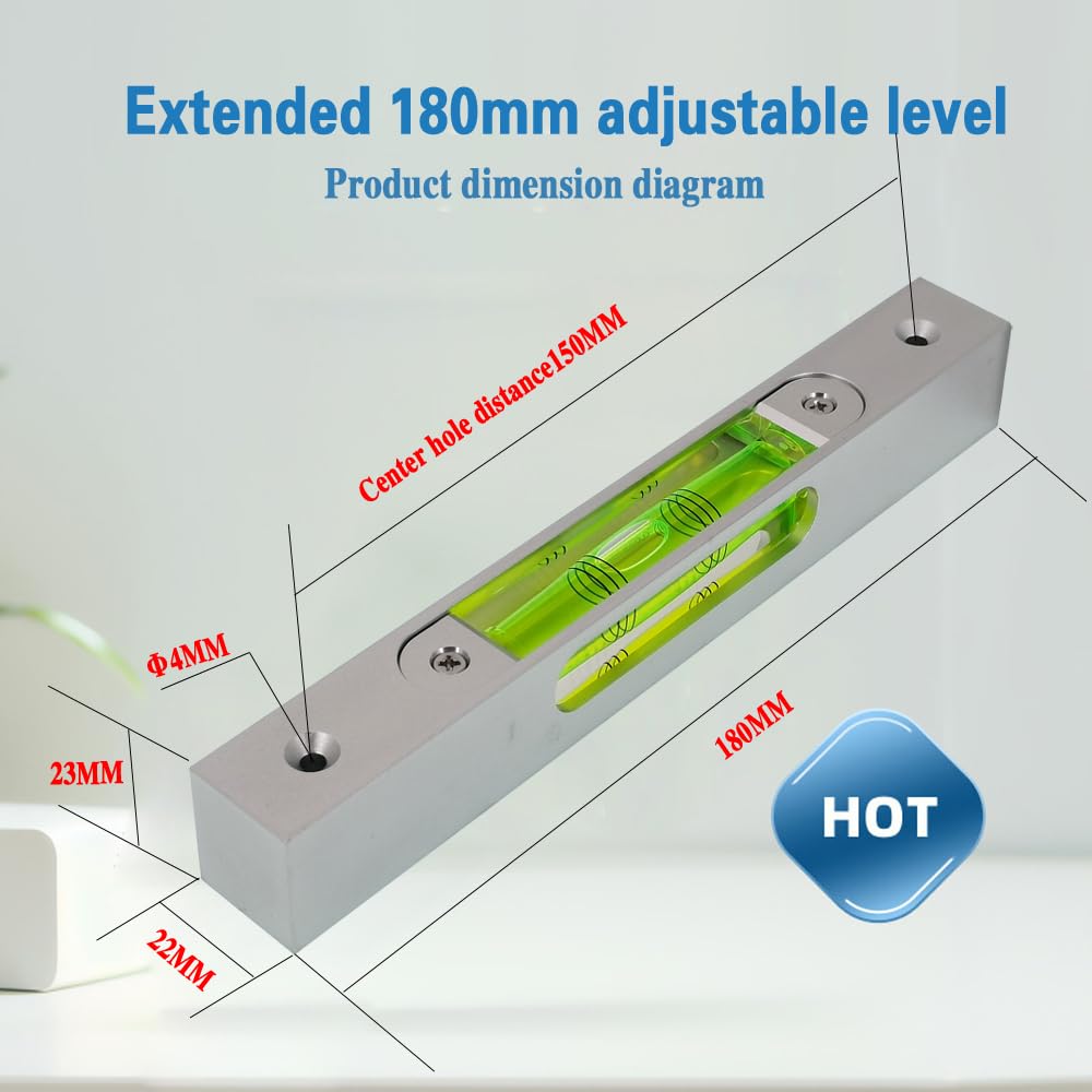 Alta precisione in lega di alluminio metallo livello regolabile bolla piccola barra quadrata luminosa lunghezza magnetica 180 foro passo 150MM