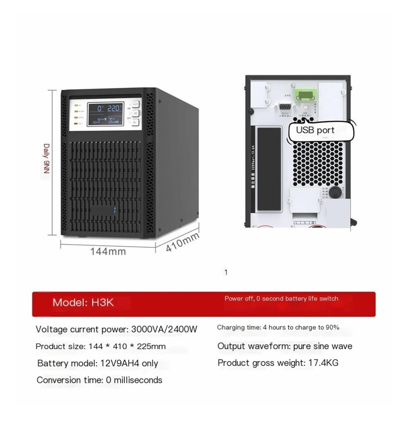 UPS en línea de 3000VA, alimentación ininterrumpida H3K-2400W