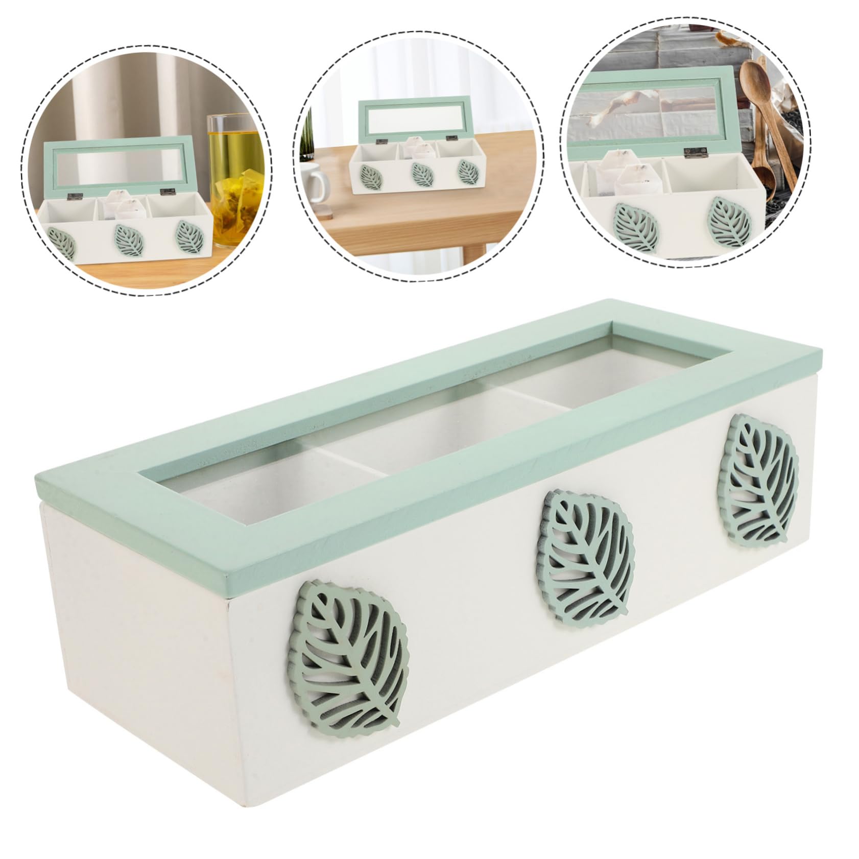 Elegante Teebox mit 3 Fächern und Glasdeckel Vielseitige Aufbewahrung für Teebeutel Platzsparend und Rustikal für Arbeitsplatte im Zuhause
