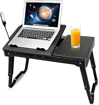 Foldable Laptop Bed Tray Desk Adjustable Lap Table Notebook Desk | Cooling Fan Mouse Board USB Ports LED Light Laptop Stand for Bed Sofa Couch