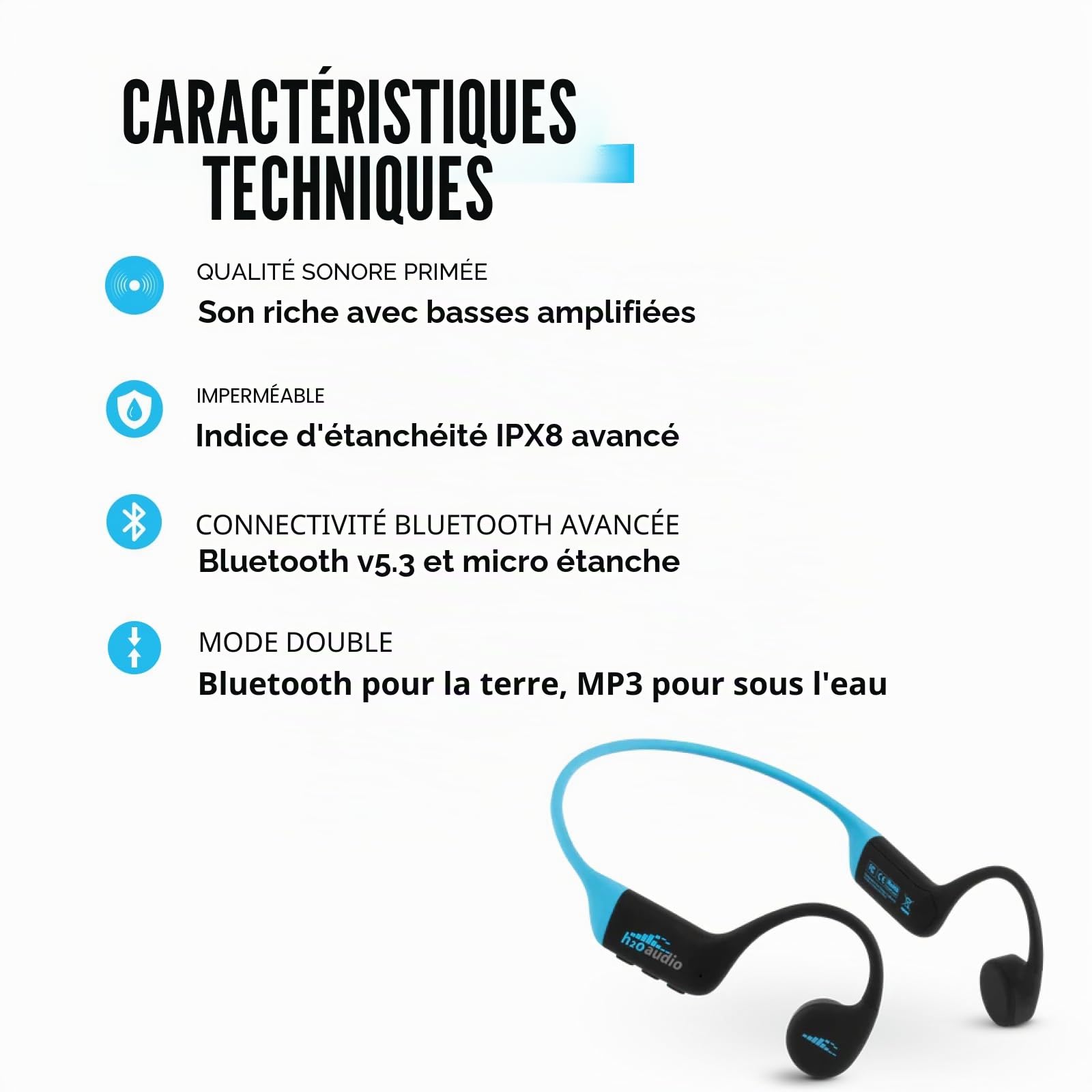 H2O Audio TRI 2 PRO Casque audio multi-sport étanche Bluetooth V5.3 pour course à pied/cyclisme et natation, playlist+ (application incluse)