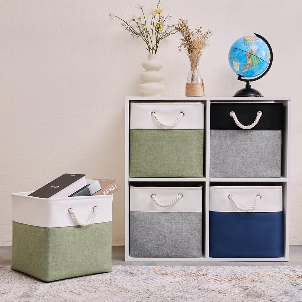 Fabric Storage Cubes 13 x 13, Collapsible Storage Bins for Shelf Baskets, Cube Storage Organizer White Green Bins with Cotton Handles, Foldable Storage Bin box, Cube Storage Bin 6 Pack - Image 7