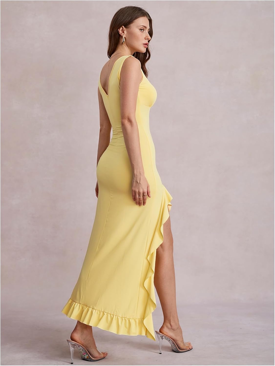 SHENHE Women's Sexy V Neck Ruffle High Slit Sleeveless Bodycon Maxi Party Prom Long Dress - Image 2