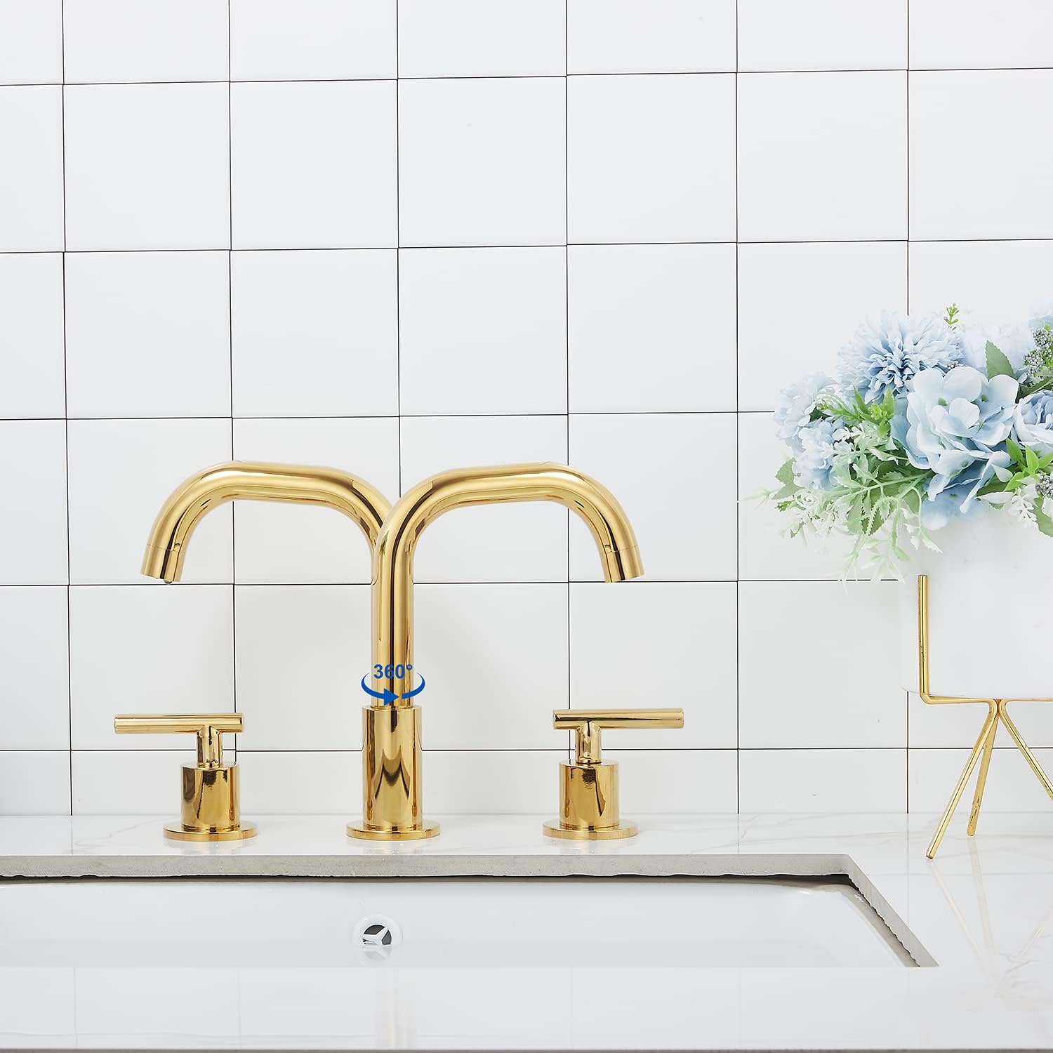 Bеѕt Cуbеr Mоndау 🔥 GGStudy 360° Swivel Spout Two Handles 3 Holes 8-16 inch Widespread Bathroom Sink Faucet Gold Finish Matching with Pop Up Drain