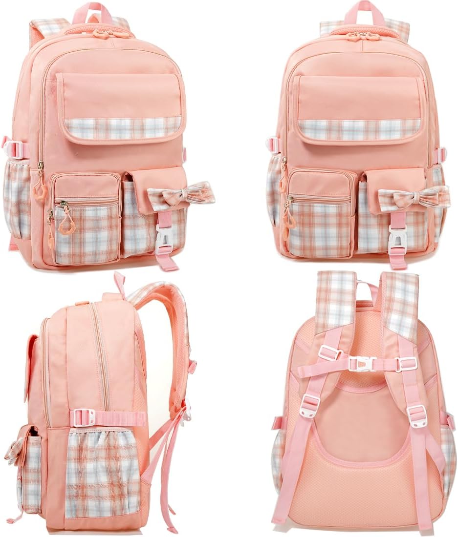 MCWTH Checkered Backpack for Teen Girls, Kawaii Cute Kids Elementary Student School Backpacks (Bow Pink)